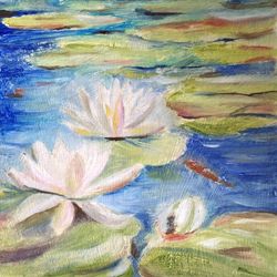 Water lilies landscape pond original oil painting wall art hand painted