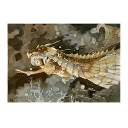 Mermaid and Water Dragon Painting Original fantasy art by Yulia Evsyukova