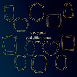 12 polygonal gold glitter frames clipart png