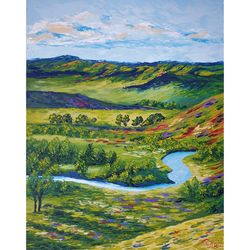 Texas Hill Country Painting Landscape Original Art Valley Wall Art River Artwork Impasto Oil Painting