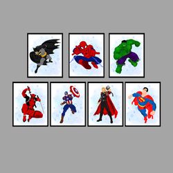 Marvel DC Superheroes Set Art Print Digital Files decor nursery room watercolor