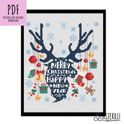 Christmas cross stitch pattern PDF , deer with Merry Christmas cross stitch design , Xmas tree decor xstitch