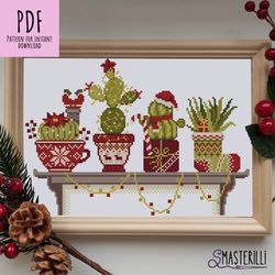 Christmas cacti cross stitch pattern PDF , christmas plants cross stitch , potted cacti on shelf  ornament, xmas decor
