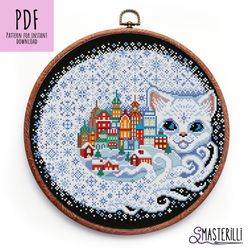 Christmas cat cross stitch pattern PDF , winter spirit embroidery design , snowflakes sampler xstitch , Xmas hoop art