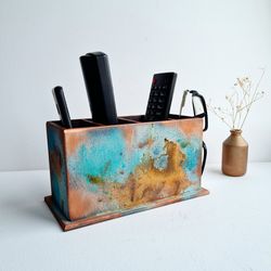 Wood remote control holder Art oxidized aged rustic old remote box Handmade remote holder Gift for dad Divided storage