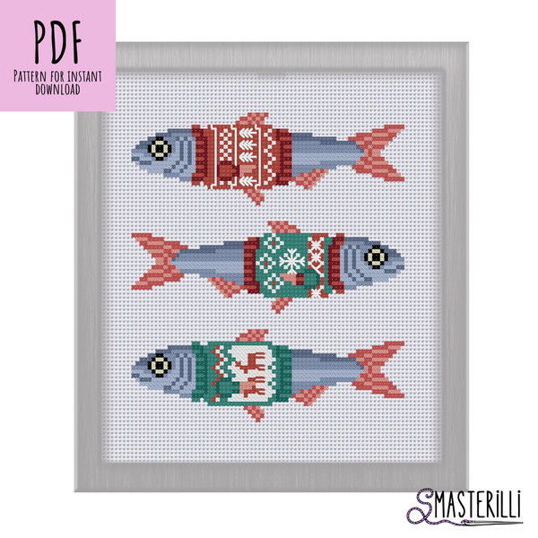 Fishes in Christmas sweaters cross stitch pattern PDF.JPG