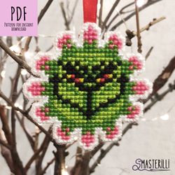 Covid Christmas cross stitch pattern PDF , plastic canvas pattern,  grinch snowflake embroidery design , Xmas tree decor