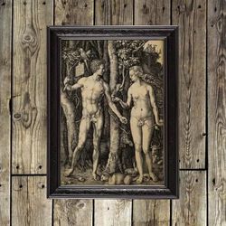 Adam and Eve at the Tree of Knowledge. Albrecht Durer art. Poster to the biblical style. Religious print. 370 h.