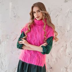 Knitted Pink kid mohair Vest. Handknit designer top. Handmade.