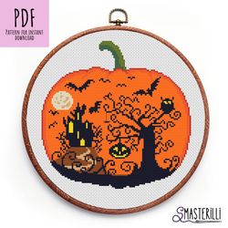 Halloween pumpkin cross stitch pattern PDF , haunted house and spooky landscape embroidery design , counted xstitch