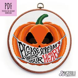 Covid Halloween cross stitch pattern PDF , pumpkin with medical mask embroidery ornament , counted xstitch chart