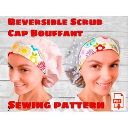 reversible scrub cap style5 bouffant sewing pattern, double side scrub hat pattern printable, surgical hat pattern