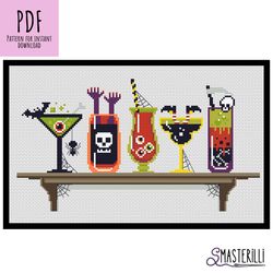 Halloween cocktails cross stitch pattern PDF , hellish glasses on shelf , Halloween wall decor ornament, counted xstitch