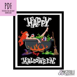 halloween witch cross stitch pattern pdf , happy halloween cross stitch. witch embroidery design for black canvas