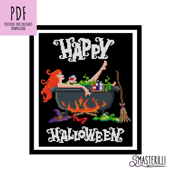 Witch in bath - Halloween cross stitch pattern by Smasterilli.JPG