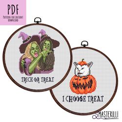 Women yelling at cat cross stitch pattern PDF , Halloween witches and cat embroidery design , meme counted xstitch