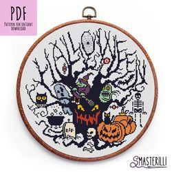 Halloween evil tree cross stitch pattern , witch and pumpkins cross stitch ornament , spooky monsters counted xstitch