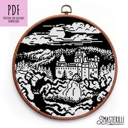 Dracula's castle cross stitch pattern PDF , Halloween cross stitch pattern , monochrome landscape  hoop art