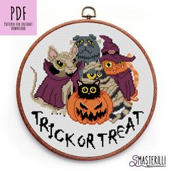 Halloween cats  cross stitch pattern PDF , kittens in halloween costumes embroidery design , trick or treat xstitch