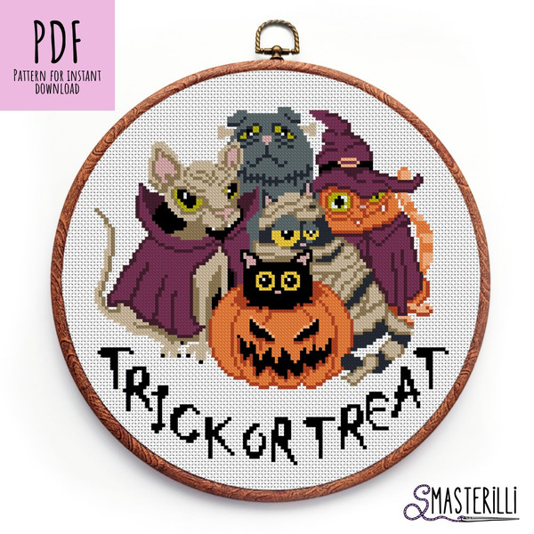 Cats in Halloween costumes with trick or treat inscription cross stitch pattern PDF.JPG