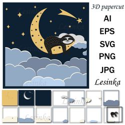 cute sloth character sleeps on the moon, papercut svg
