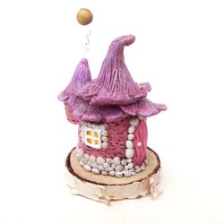 Handmade Fairy tiny house/Gnome house/Fairy's Garden Home/Little Forest Pink House/Cute Miniature Rustic Clay House