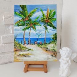 Seascape Oil Painting Original Art Tropical Beach Wall Art Palm Tree Sunbeds Artwork