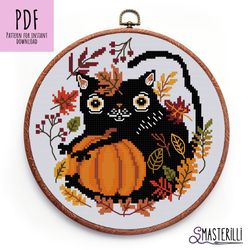 Black cat cross stitch  pattern PDF , kitty with pumpkin cross stitch , autumn leaves counted xstitch , hoop art
