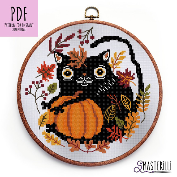 Black cat with pumpkin and autumn leaves cross stitch pattern PDF by Smasterilli.JPG