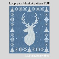 Loop yarn finger knitted Reindeer-2 blanket pattern PDF download