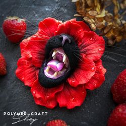 Black cat brooch red flower, unique presents, cat presents, gift for friend