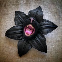 Brooch black cat in lilies, black lily, unusual brooch