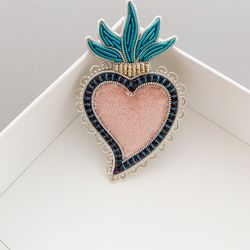 Sacred heart brooch Velvet heart brooch Sacred heart jewelry Embroidered heart brooch Beaded heart Ex Voto brooch