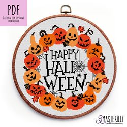 Pumpkins cross stitch pattern PDF , Happy Halloween cross stitch ornament , round pumpkins xstitch design , spider web