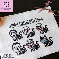 Black cats cross stitch pattern PDF , Halloween cross stitch, cats in masks embroidery design, funny kitties cross stitc