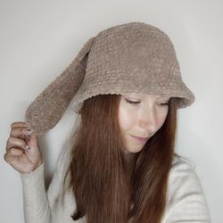 Brown bunny bucket hat with bunny ears Fluffy bucket hat crochet Plush bunny bucket hat Gift for teens