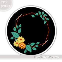 Cross Stitch Pattern Flower. Wreath cross stitch pattern. Flower frame cross stitch.