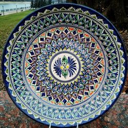 Handmade pottery large plate diameter 16.33 inches for a festive table Handmade bowl with color pattern