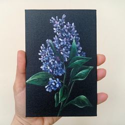 lilac painting floral orignal artwork flower bouquet painting purple lilac botanical wall art small oil black canvas