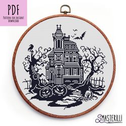 Haunted house cross stitch pattern PDF , Halloween cross stitch, gothic embroidery ornament, spooky black house xstitch