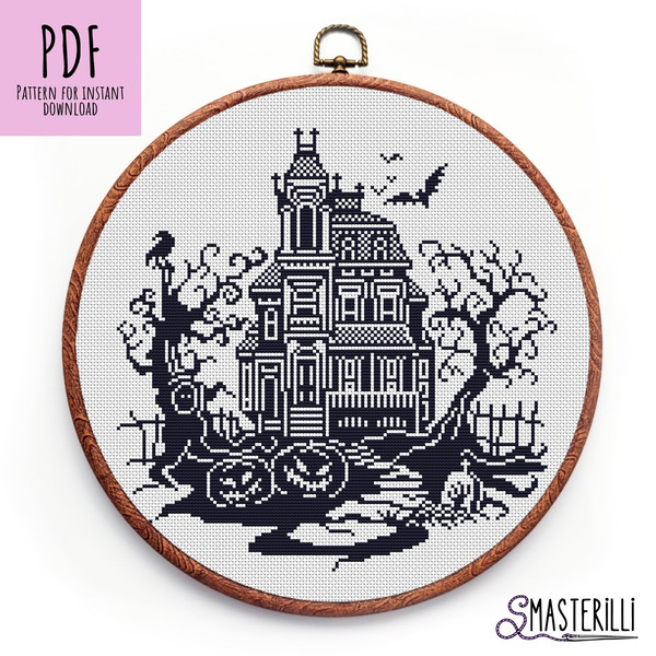 Spooky haunted house in monochrome cross stitch pattern by Smasterilli.JPG