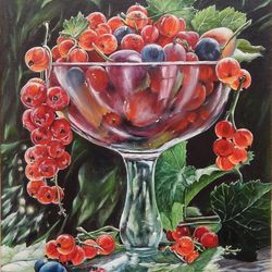 Currant Berry Painting Vegan Orignal Art Fruit Still Life Painting Red Berry Wall Art Red Currant Oil Painting