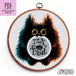Black cat cross stitch pattern PDF , halloween cross stitch pattern trick or treat ornament, fluffy kitty embroidery