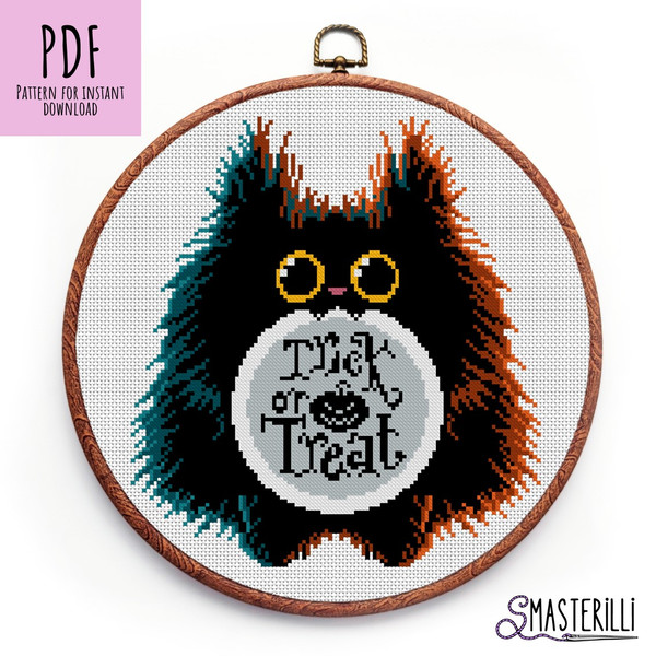 Black kitten with trick or treat inscription cross stitch pattern by Smasterilli .JPG