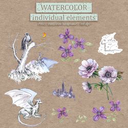 watercolor illustration set of excalibur and flower, floral clipart png and patterns