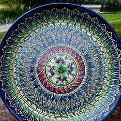 Handmade pottery large plate diameter 14.76 inches Clay bowl with colored pattern