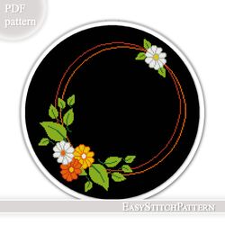 Modern cross stitch pattern. Floral Wreath cross stitch pattern. Flower border cross stitch.