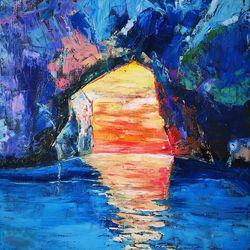Sea Sunset Oil Painting Original Art Rock Painting Seascape Painting Canvas Art 16"by 16"