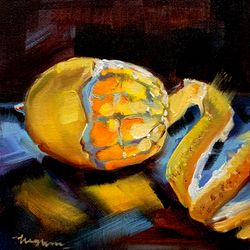 lemon painting citron artwork yellow fruit original painting kitchen wall art food on canvas small painting 6 by 6"