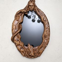 scrying mirror, magic wall mirror carved on wood, witch altar tile, black mirror
